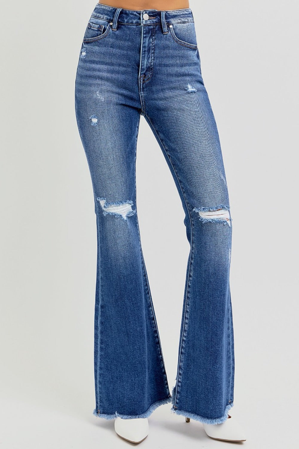 RISEN High Rise Distressed Raw Hem Flared Leg Blue Denim Jeans