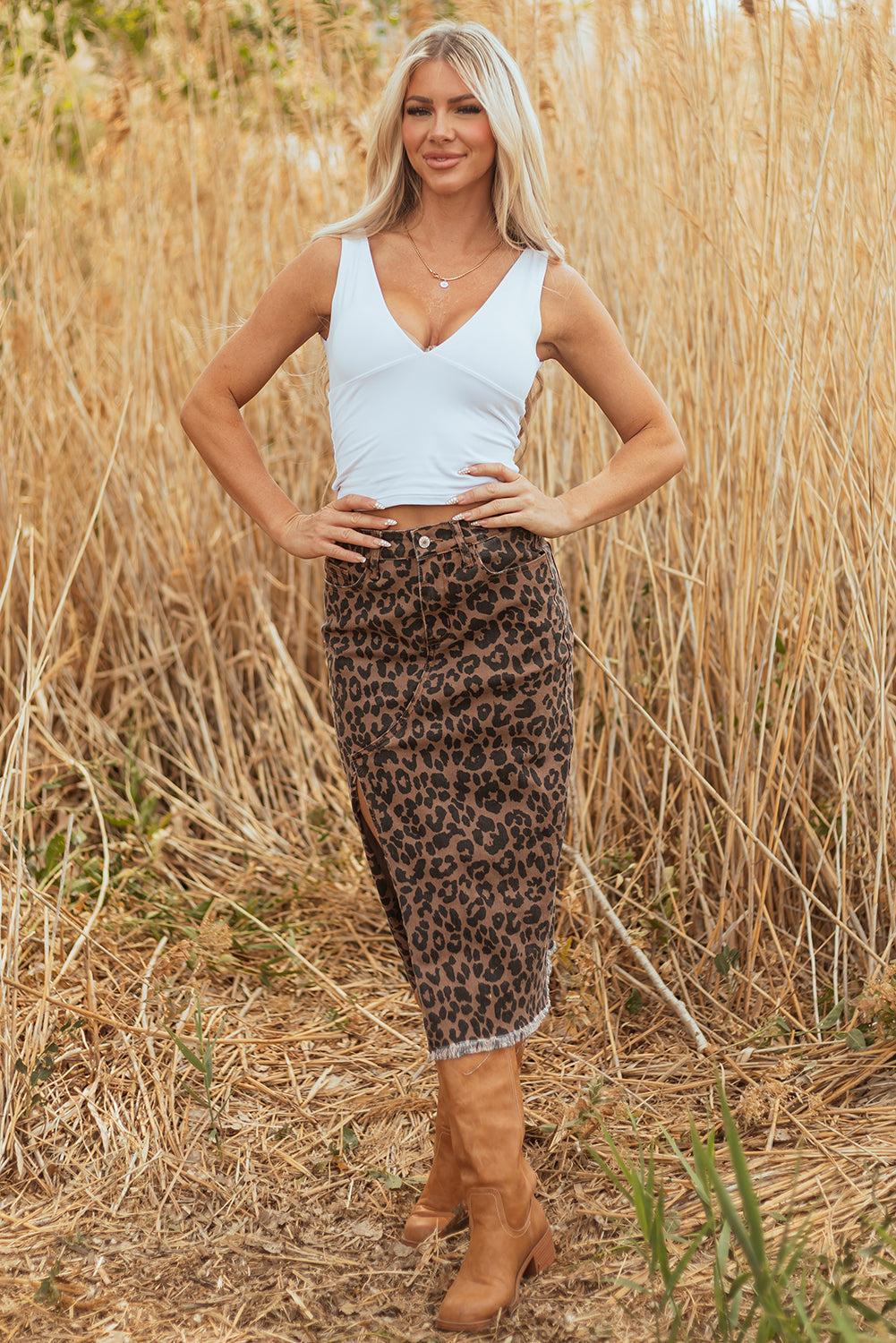 Jadecara Frayed Midi Skirt