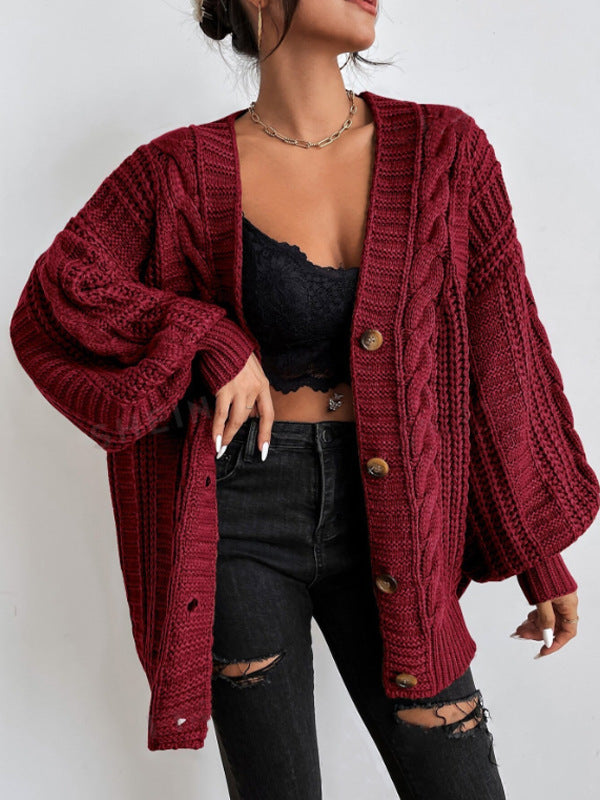 V neck Sweater Women Retro Loose Twist Lantern Sleeve Cardigan Knitted Coat