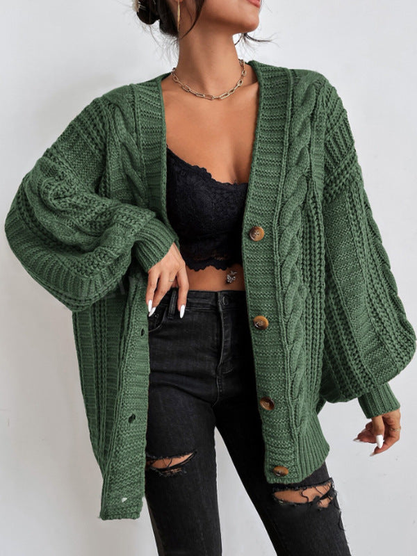 V neck Sweater Women Retro Loose Twist Lantern Sleeve Cardigan Knitted Coat